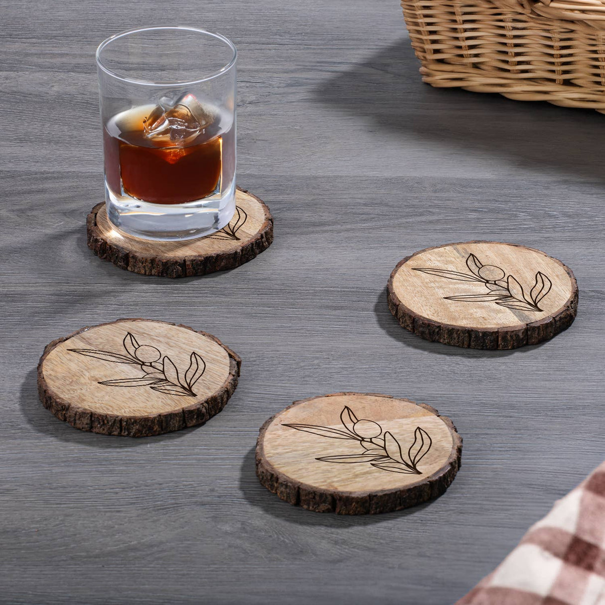 CounterArt/Highland Home/Thirstystone/CoasterStone - "Olive Branch" Single Mango Wood Bark Edged Coasters