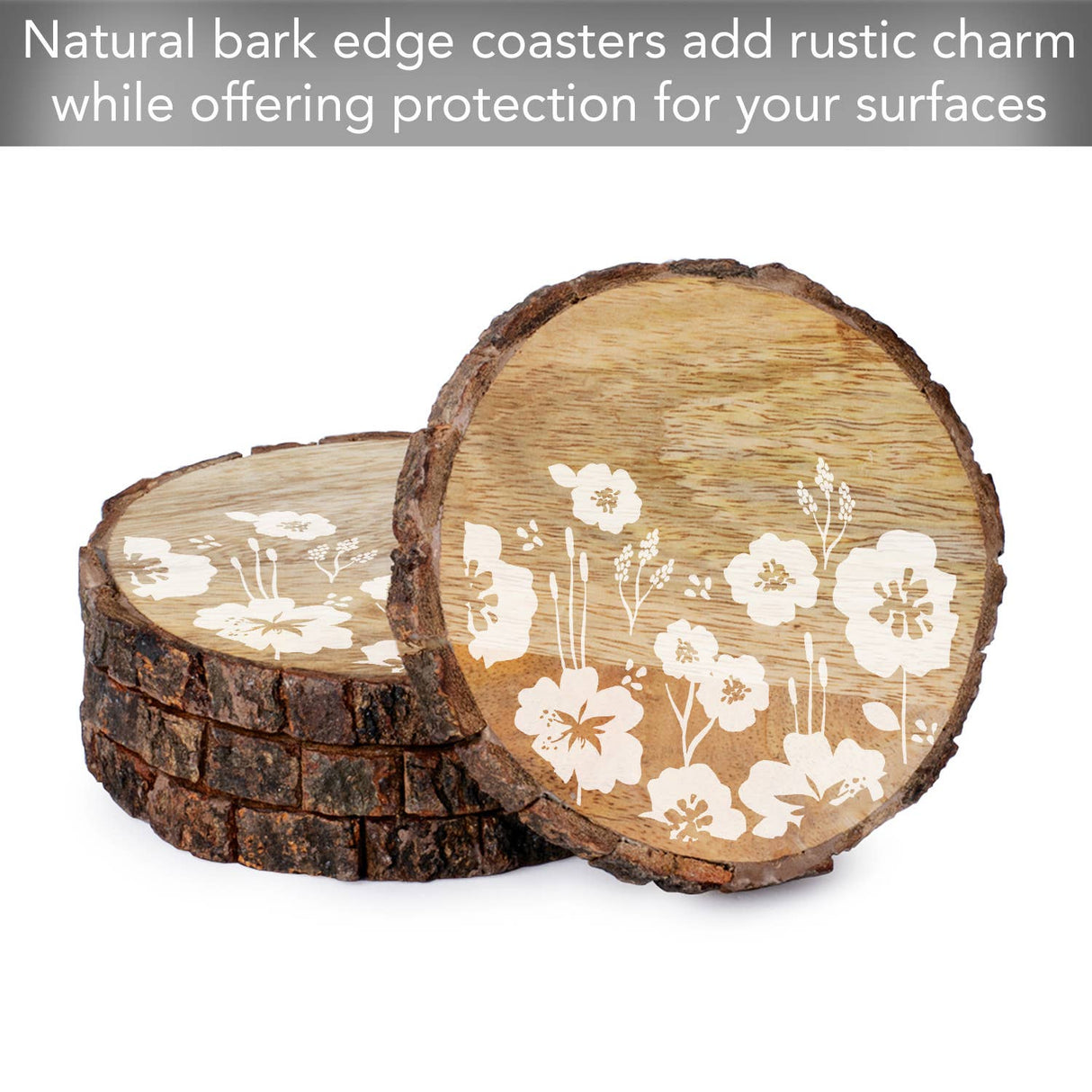 CounterArt/Highland Home/Thirstystone/CoasterStone - "White Flowers" Single Mango Wood Bark Edged Coasters