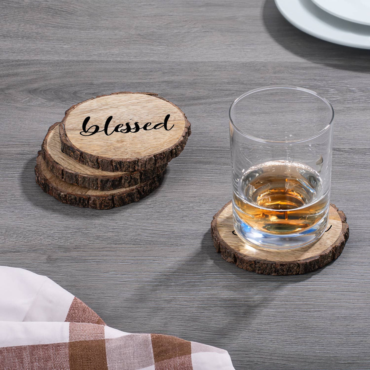 CounterArt/Highland Home/Thirstystone/CoasterStone - "Blessed" Single Mango Wood Bark Edged Coasters