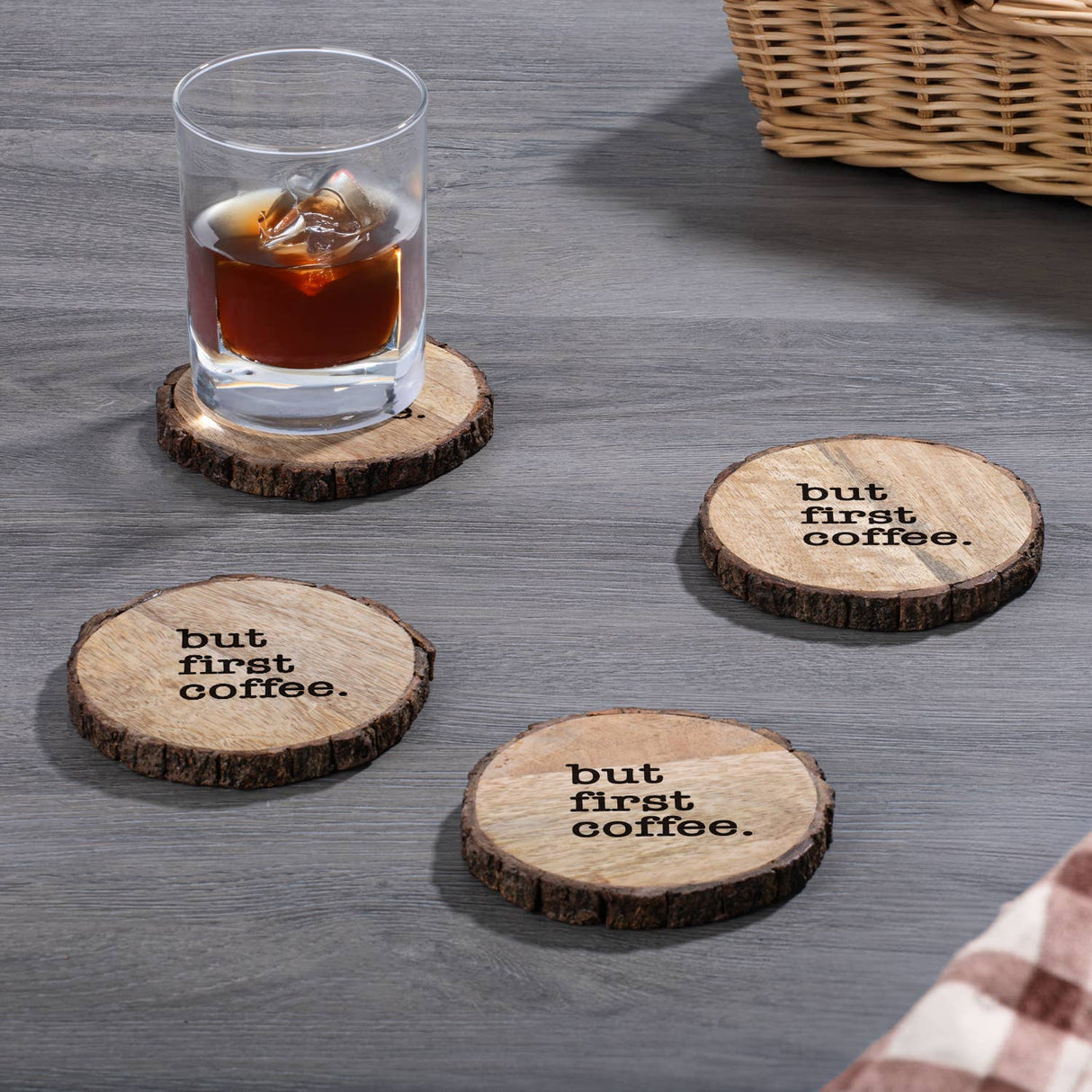 CounterArt/Highland Home/Thirstystone/CoasterStone - "First Coffee" Single Mango Wood Bark Edged Coasters