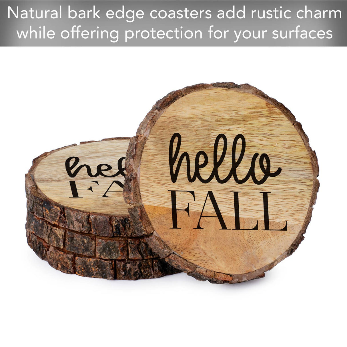 CounterArt/Highland Home/Thirstystone/CoasterStone - "Hello Fall" Single Mango Wood Bark Edged Coasters