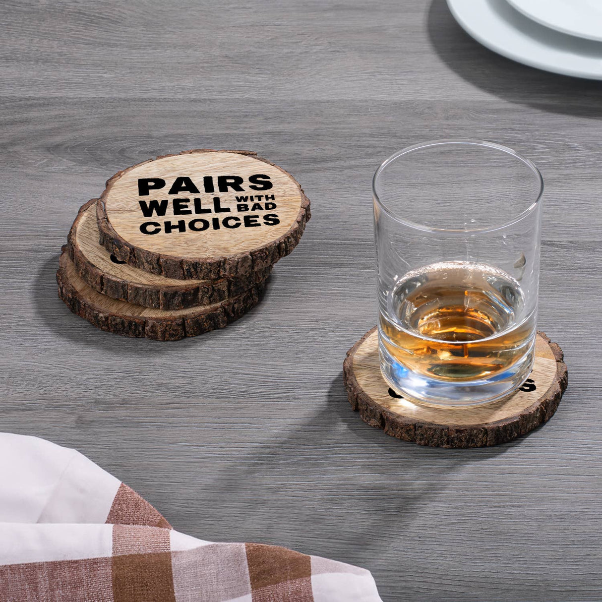 CounterArt/Highland Home/Thirstystone/CoasterStone - "Bad Choices" Single Mango Wood Bark Edged Coasters