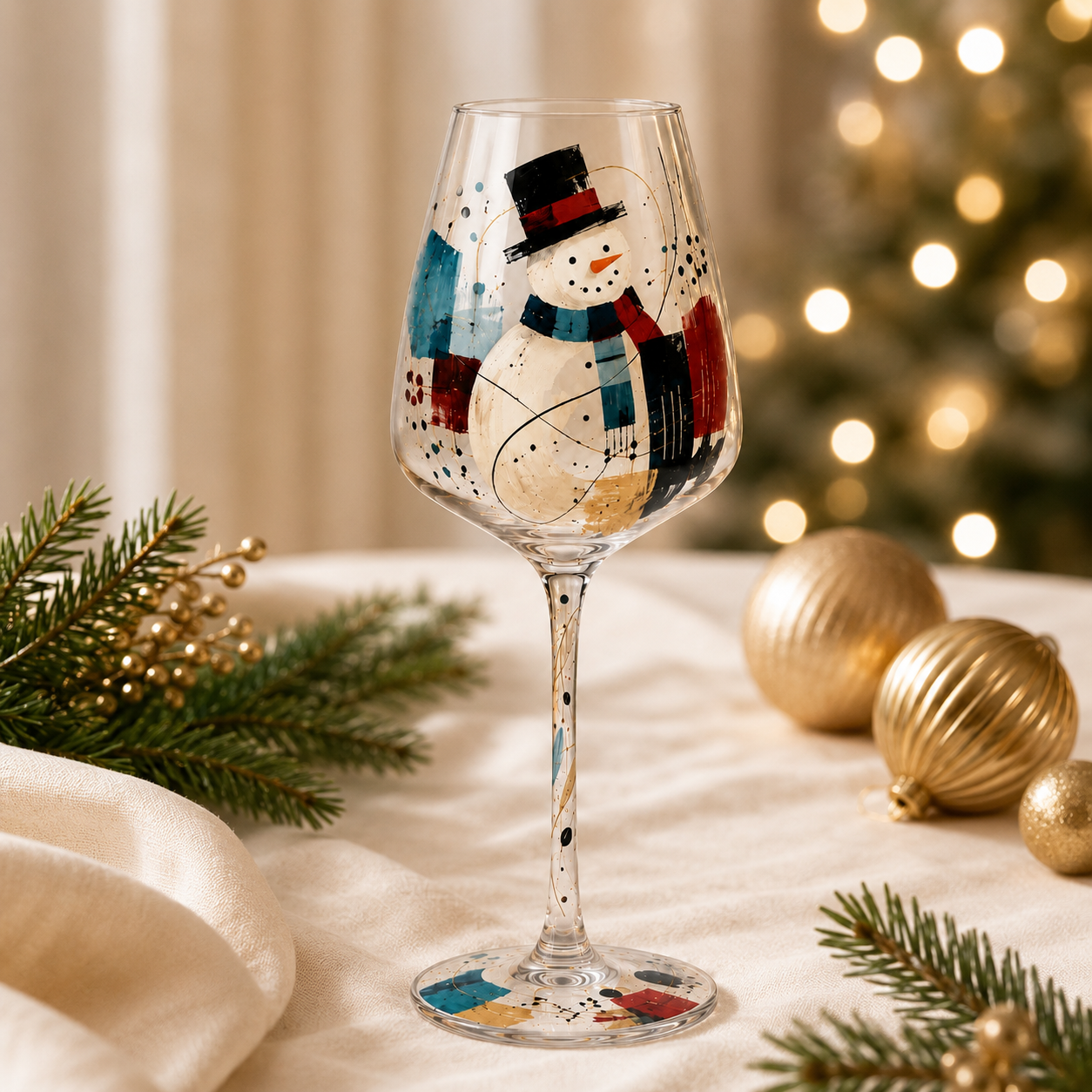 Abstract Snowman Collectible Holiday Wine Glass