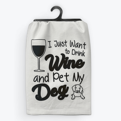 Funny dog & wine towel, Pet My Dog design, 100% cotton, eco-friendly