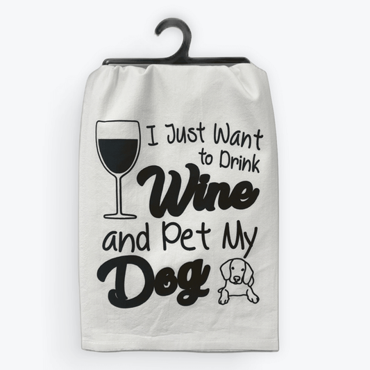 Funny dog & wine towel, Pet My Dog design, 100% cotton, eco-friendly