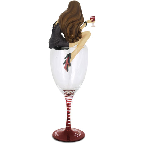 More Wine Please! Wine Glass with Tall Red Wine Girl Figurine.