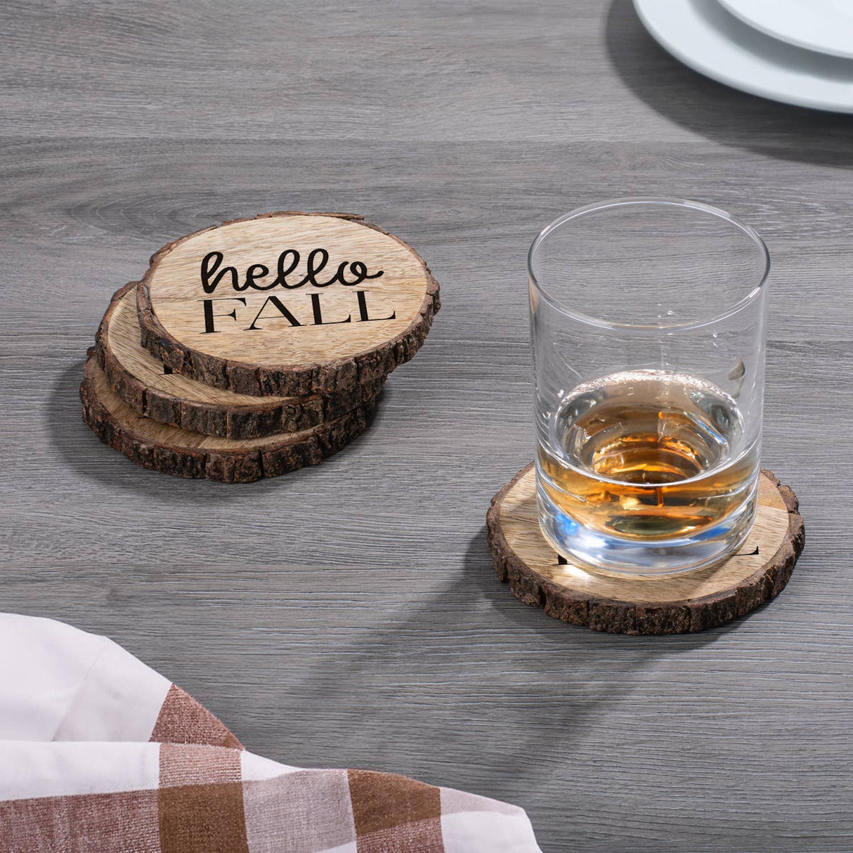 CounterArt/Highland Home/Thirstystone/CoasterStone - "Hello Fall" Single Mango Wood Bark Edged Coasters