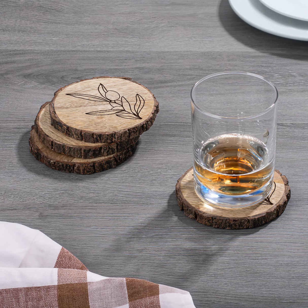 CounterArt/Highland Home/Thirstystone/CoasterStone - "Olive Branch" Single Mango Wood Bark Edged Coasters