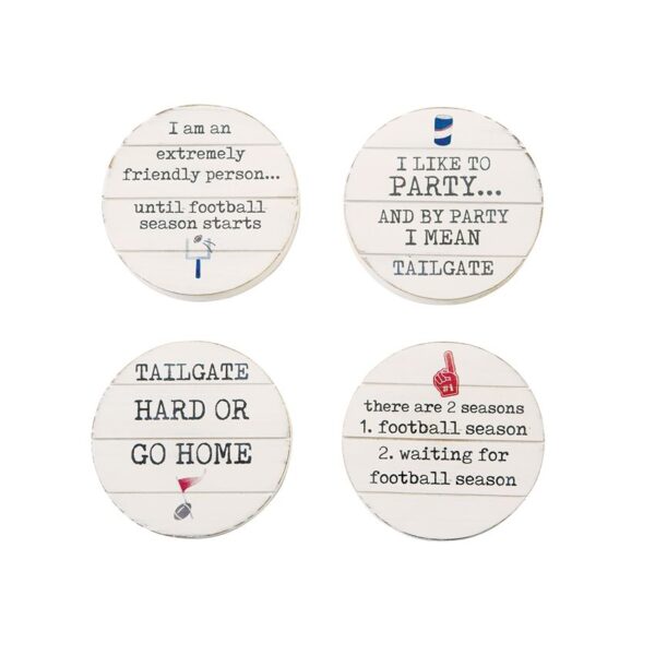 A set of four coasters with different sayings.
